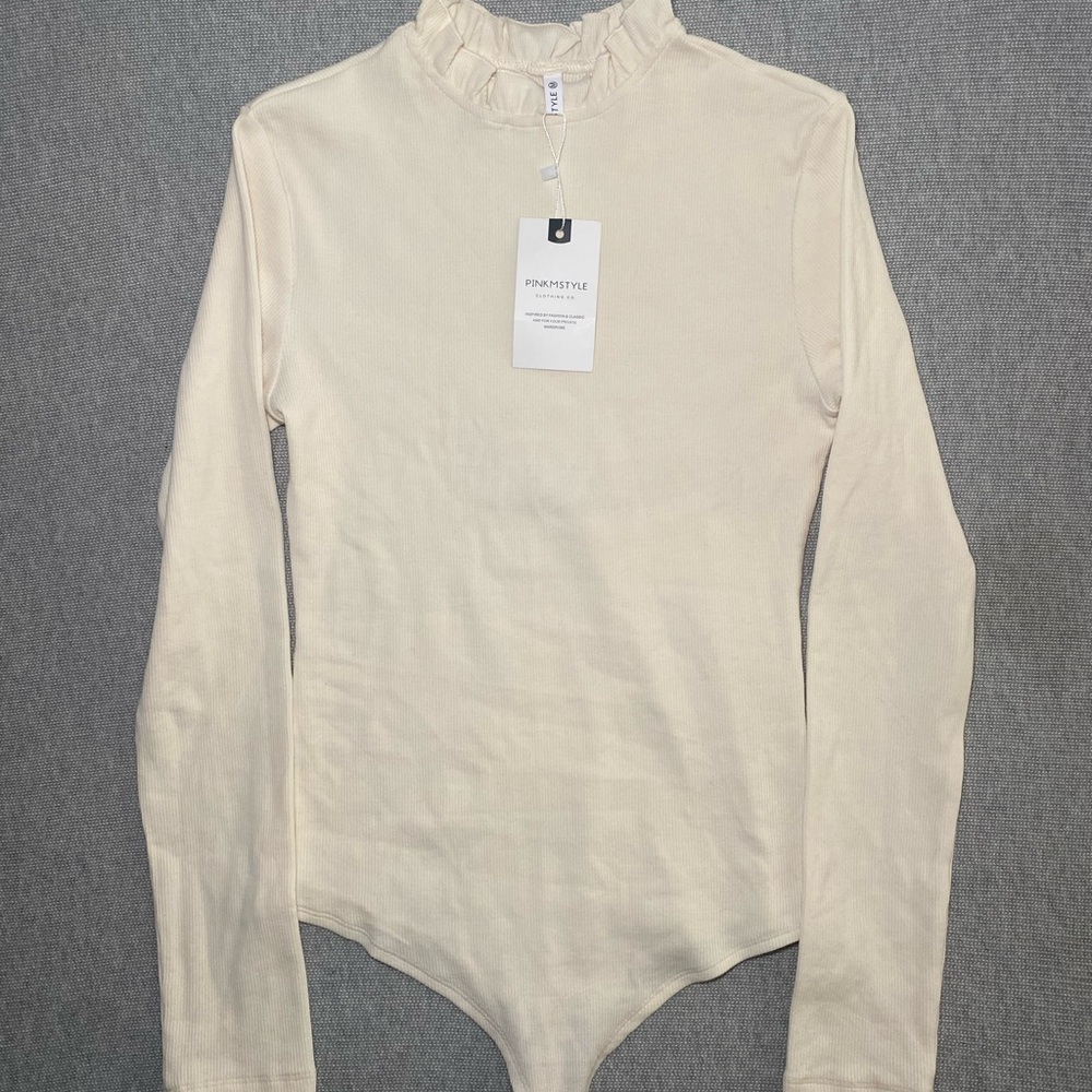 PINKMSTYLE Womens Ruffle Neck Long Sleeve Bodysuit Cream Size Medium